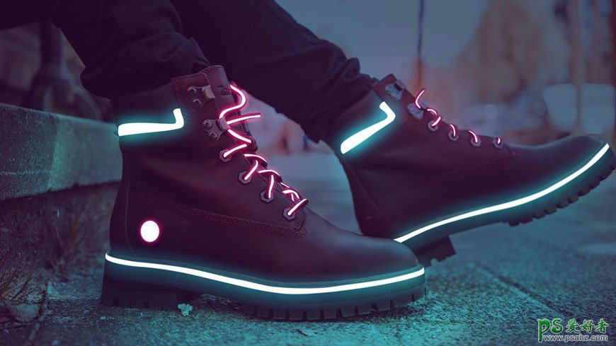 PS图片后期美化教程：给一双皮鞋制作出带有霓虹灯光的科幻效果