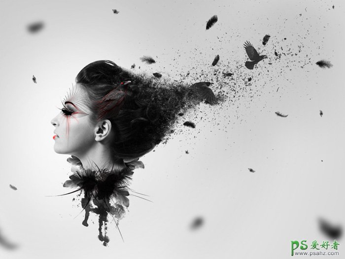 Photoshop创意合成打散碎片纷飞效果的黑白抽象美女头像艺术照