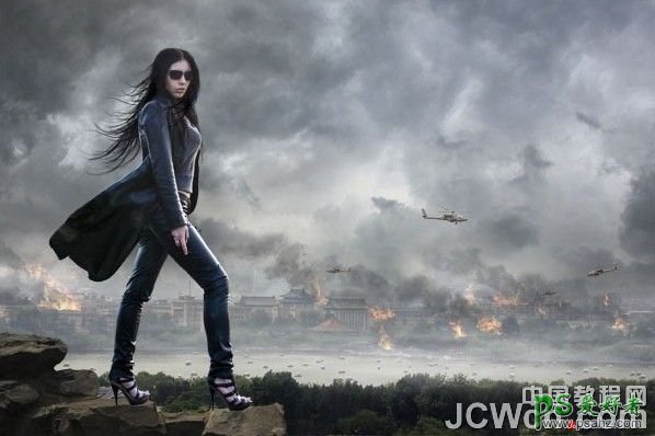 Photoshop创意合成战火中手拿军刀的英姿飒爽女战士场景效果图