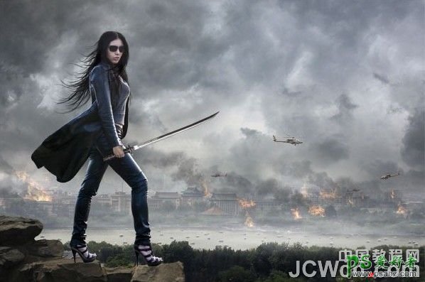 Photoshop创意合成战火中手拿军刀的英姿飒爽女战士场景效果图