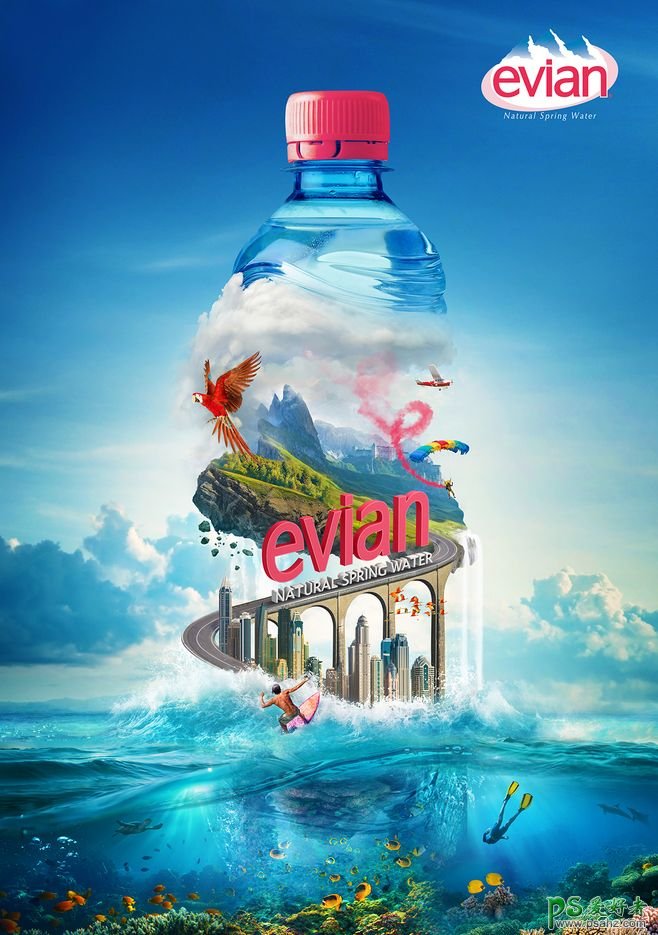 一组精美的矿泉水宣传广告设计作品，气势磅礴的矿泉水合成海报。