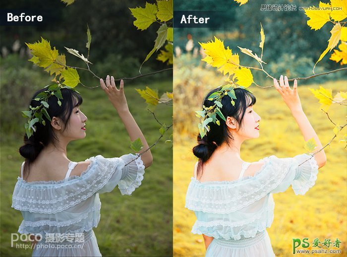 Photoshop给秋季外景自拍的新娘唯美照片调出通透暖色调效果