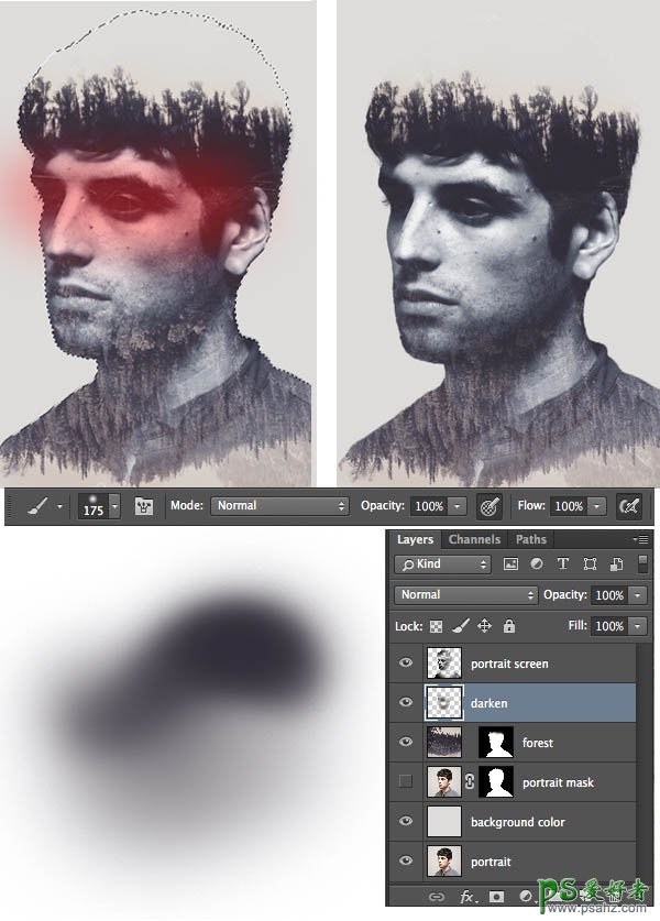 PS人像后期特效教程：打造二次曝光效果的水墨人物头像