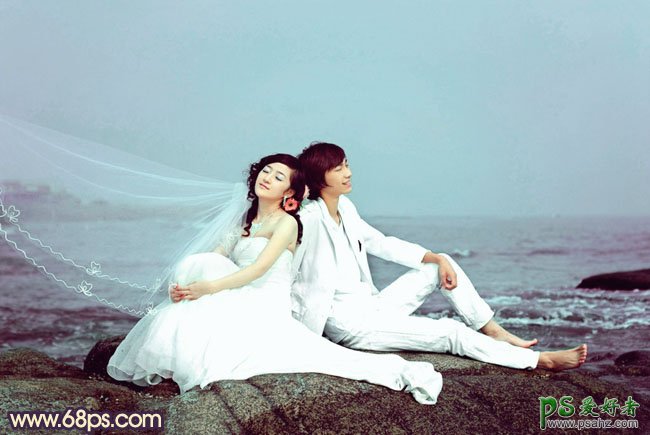 photoshop给浪漫情侣海景婚纱照调出淡雅的艺术风格