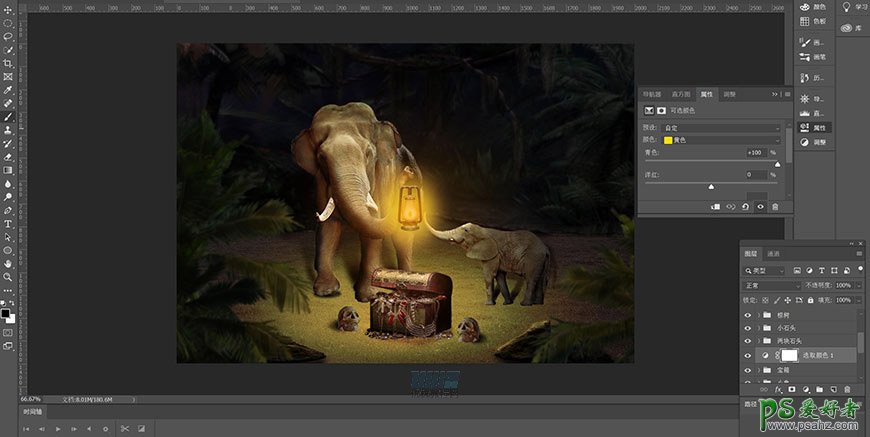 创意PS图片合成教学：合成一幅暗夜森林中寻找宝藏的大象场景图片