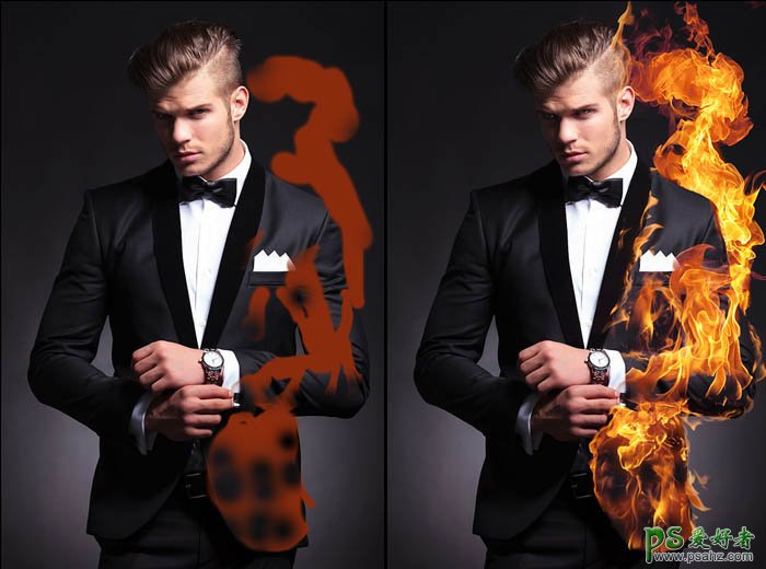 PS照片特效处理教程：给欧美时尚帅哥照片制作出熊熊燃烧的火焰效