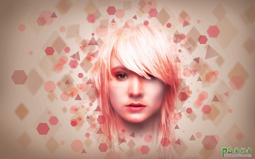 Photoshop设计以几何图形为背景的欧美美女头像壁纸图片，美女壁