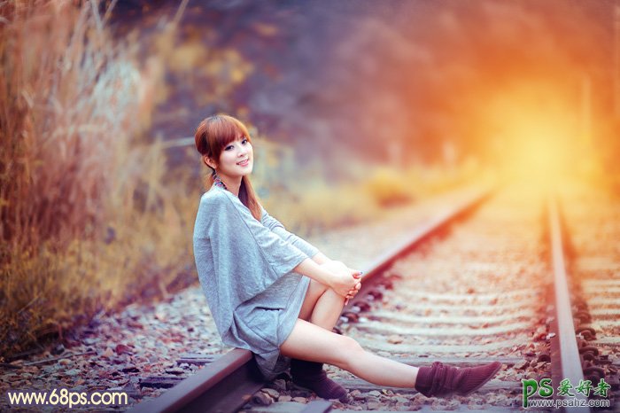 ps美女照片调色实例：给铁轨上自拍的外景mm照片调出甜美的晨曦暖