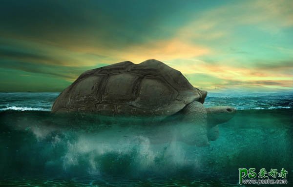 PS合成教程：打造一幅画面唯美魔幻的巨大海龟背着大山的场景