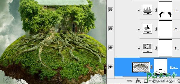 ps合成教程：合成科幻效果的古老树屋-天空中飞翔的古树效果