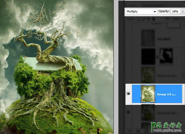 ps合成教程：合成科幻效果的古老树屋-天空中飞翔的古树效果