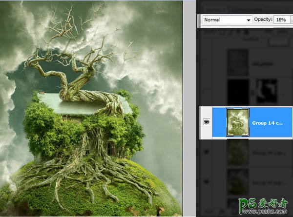 ps合成教程：合成科幻效果的古老树屋-天空中飞翔的古树效果