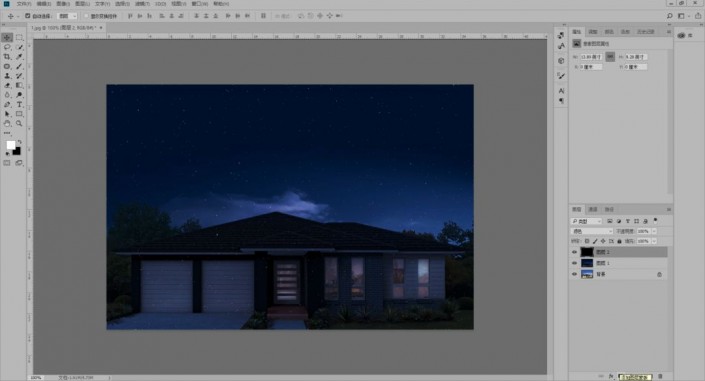 学习用Photoshop把白天别墅效果图制作成黑夜效果