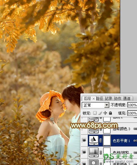 photoshop给情林里的情侣婚纱照调出甜蜜的粉黄色