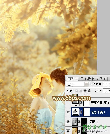 photoshop给情林里的情侣婚纱照调出甜蜜的粉黄色