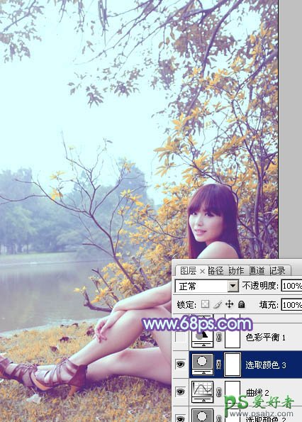photoshop给河边上自拍的清纯少女艺术照调出可爱的橙黄色