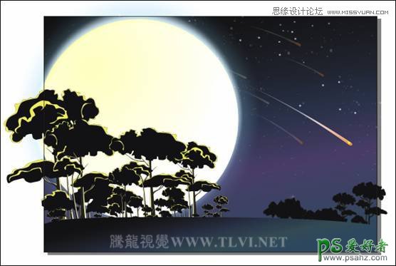 CorelDRAW手绘一幅在月圆之夜天空中飞逝的流星场景效果图