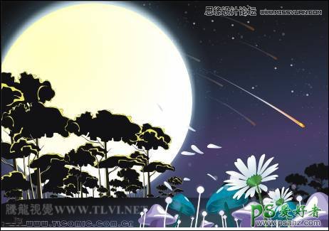 CorelDRAW手绘一幅在月圆之夜天空中飞逝的流星场景效果图