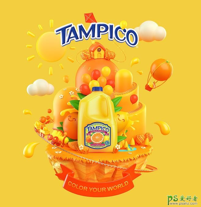 3D立体效果的果汁饮料平面广告作品，3D制作的果汁海报图片。