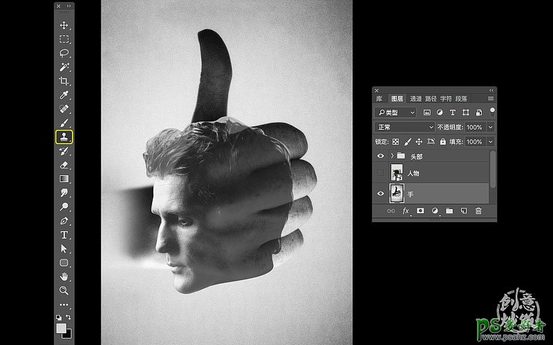 PS人像合成教程：创意打造头像与手结合的双重曝光特效图片