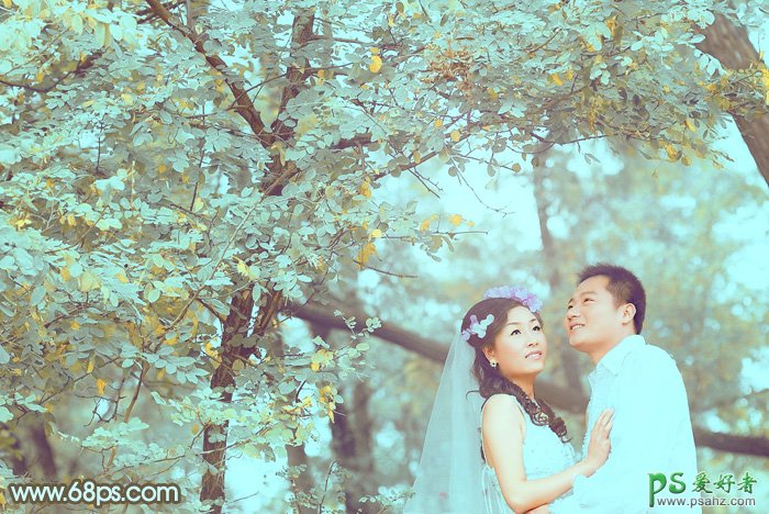 PS婚片调色教程：给外景树荫下的情侣婚纱照调出淡青色效果