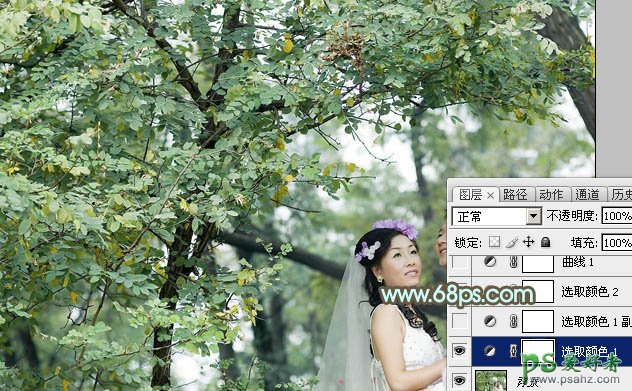 PS婚片调色教程：给外景树荫下的情侣婚纱照调出淡青色效果