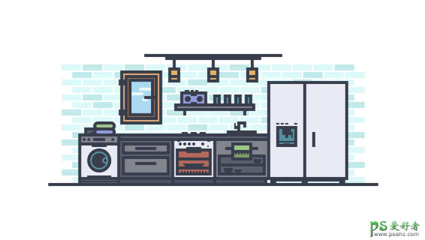 Illustrator设计MEB风格的厨房布局插画图片，厨房简约布局图。