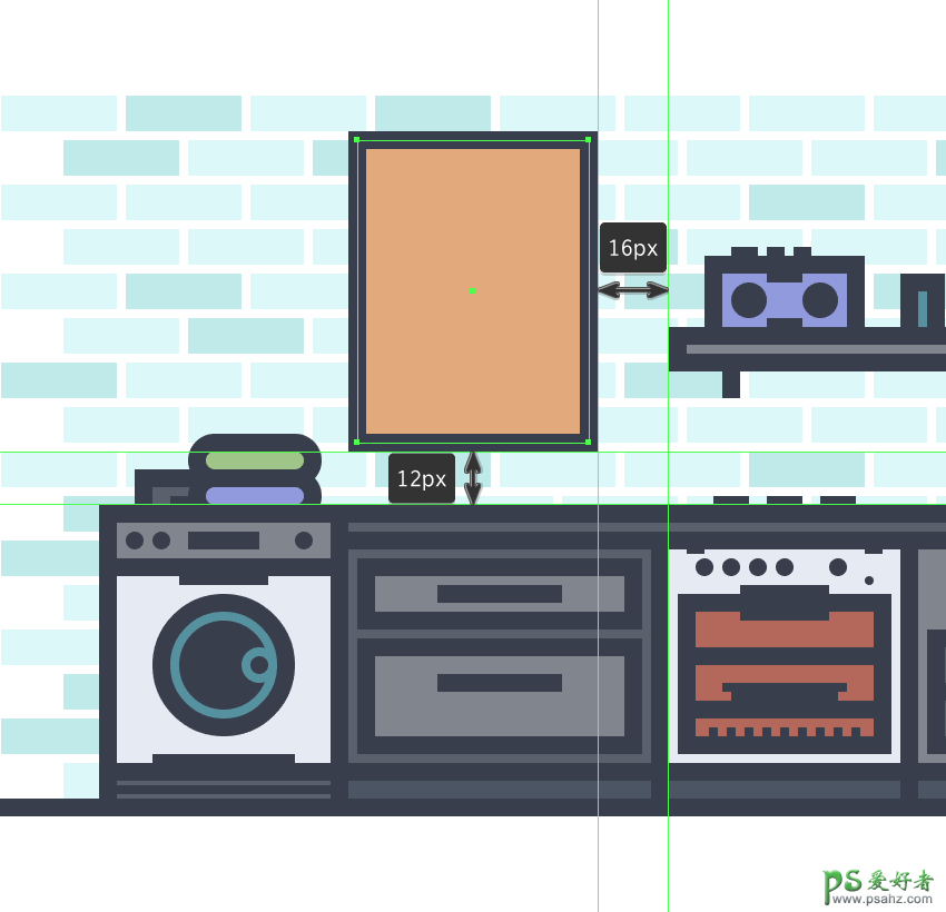 Illustrator设计MEB风格的厨房布局插画图片，厨房简约布局图。