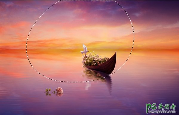 PS合成教程：营造一个落日黄昏中木船驶过湖泊的梦幻场景特效图片