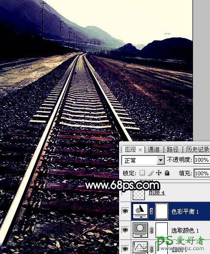 Photoshop给清晨田野中的铁轨风景图片制作出晨曦暖色调效果
