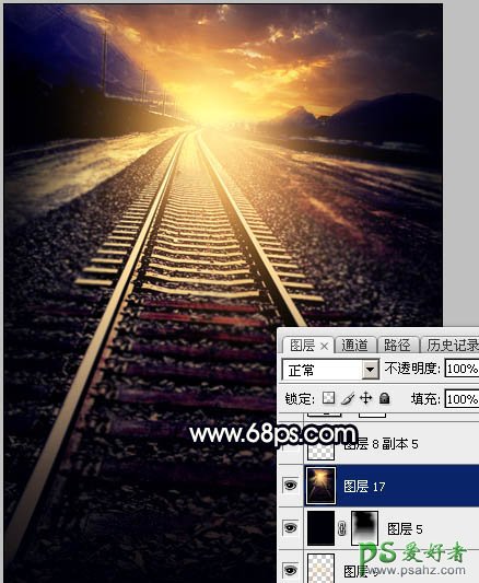Photoshop给清晨田野中的铁轨风景图片制作出晨曦暖色调效果
