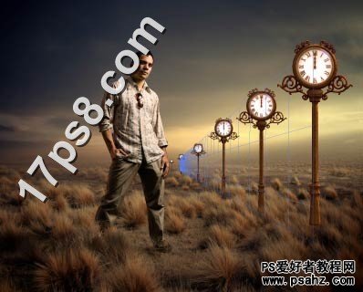 photoshop创意合成站在时钟草地里的帅哥图片