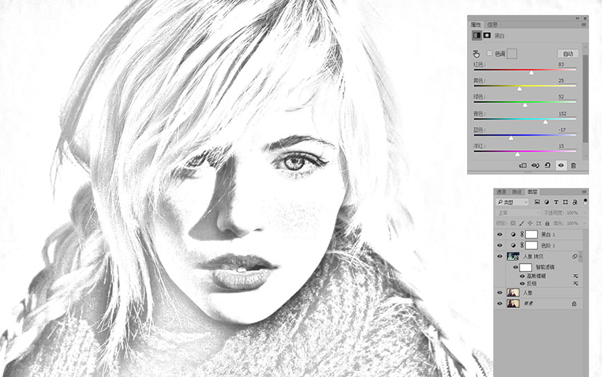PS工笔画教程：把一张美女人物照片转变为素描肖像，工笔画效果。