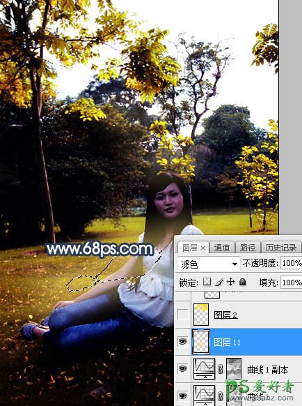 Photoshop给公园树林中等着约会的女生写真照调出温暖的霞光色