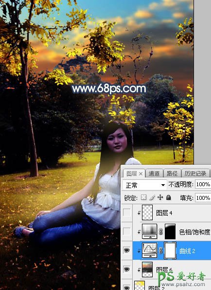Photoshop给公园树林中等着约会的女生写真照调出温暖的霞光色