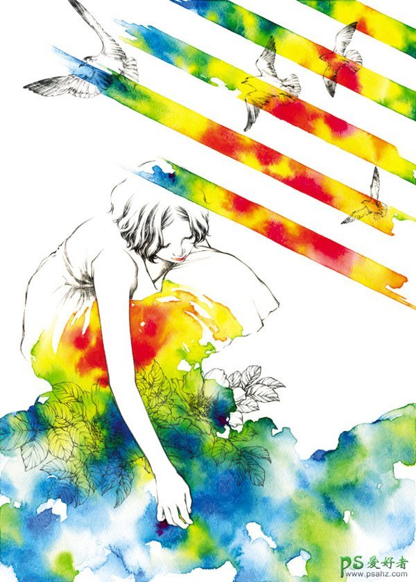日本Aki Miyajima漂亮的人像彩绘插画作品，漂亮美女水彩艺术插画