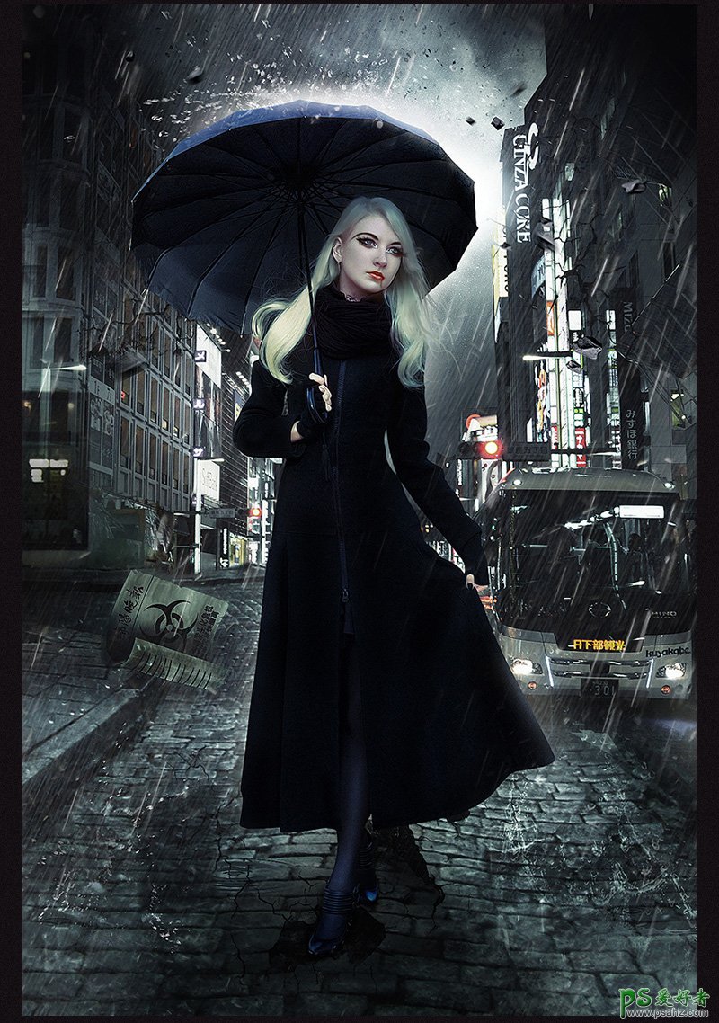 Photoshop合成雨夜中街上行走的恐怖少女，雨中的黑丝金发美女。
