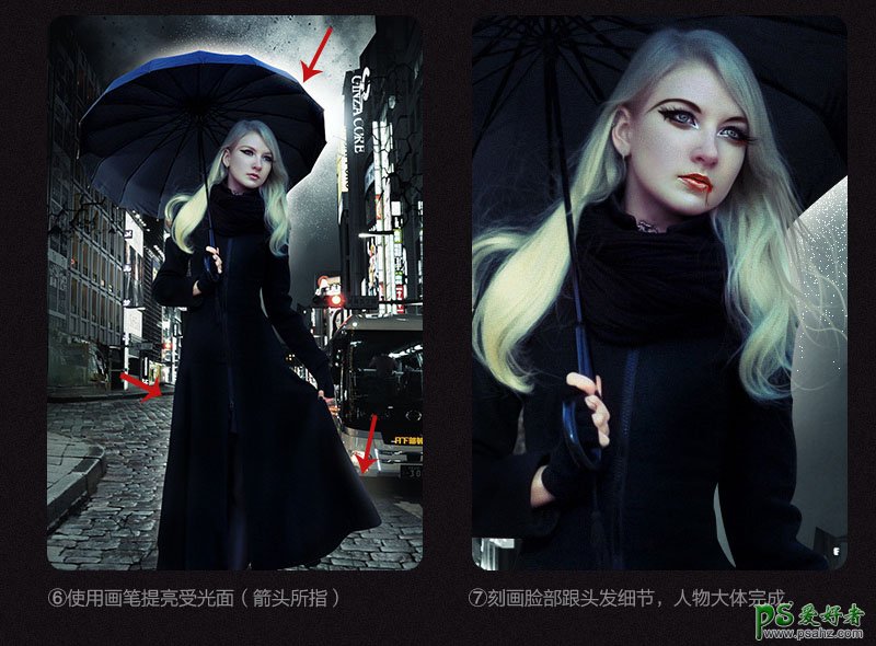 Photoshop合成雨夜中街上行走的恐怖少女，雨中的黑丝金发美女。