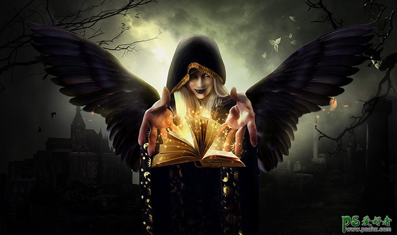 Photoshop合成暗夜中女巫师正在使用魔法书施法的场景