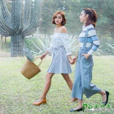 PS滤镜教程：给野外散步的美女姐妹照片添加阳光照射的效果。