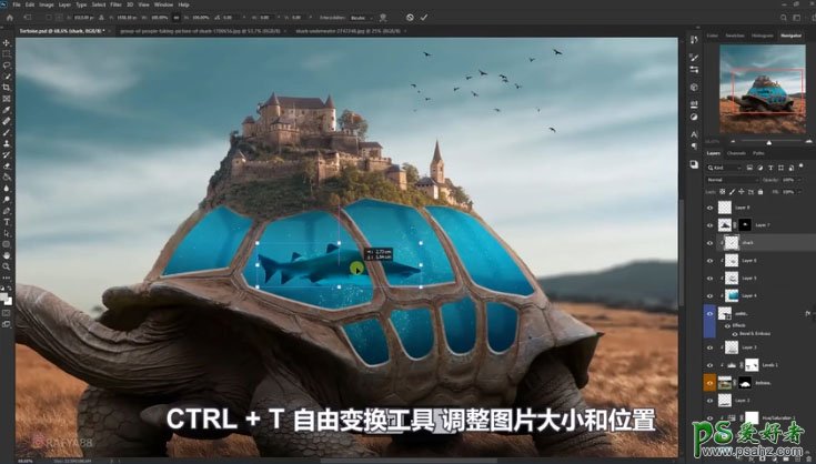 PS图片合成实例：创意打造一只巨大的象龟背上呈现出的海洋和城堡