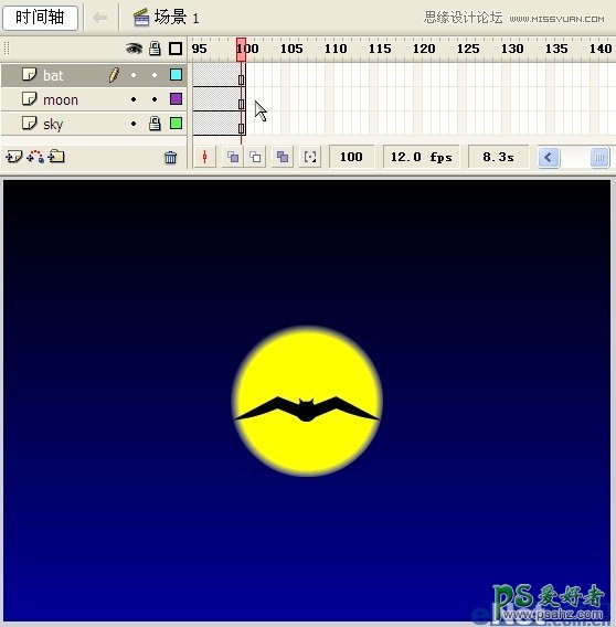 Flash动画图片制作教程：学习制作卡通风格蝙蝠在月夜里飞翔的图