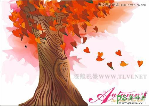 CorelDRAW手绘金黄色的秋季卡通风景图，秋季卡通枫树场景