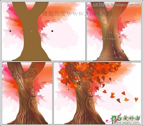 CorelDRAW手绘金黄色的秋季卡通风景图，秋季卡通枫树场景
