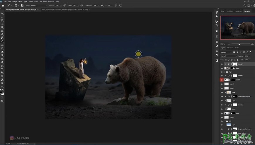 photoshop创意合成夜幕下召唤棕熊的女孩儿，少女与熊。