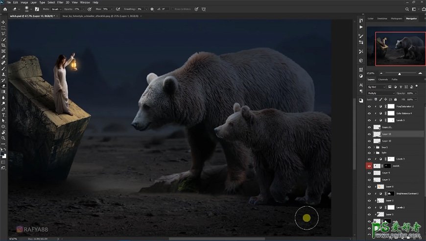 photoshop创意合成夜幕下召唤棕熊的女孩儿，少女与熊。